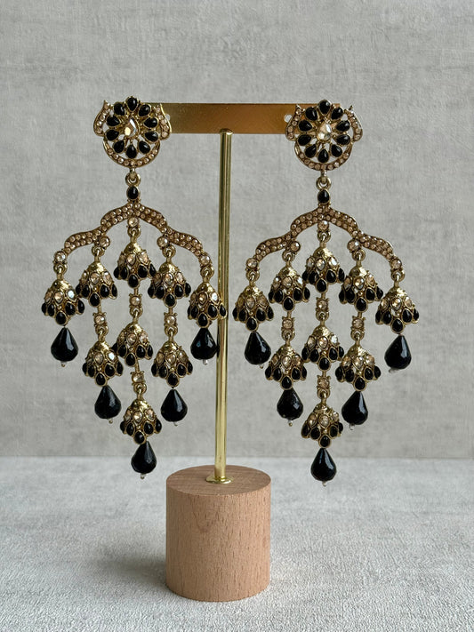 Ayura Designs Jasmine Earrings – Black Chandelier Earrings with Antique Gold Detailing & Tiered Drops