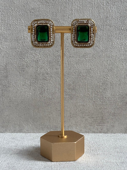 Ayura Designs Nabiha Choker Set with Studs – Emerald Green Stones, Pearl Detailing & Antique Gold Finish