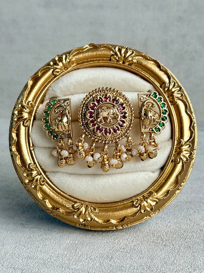Ayura Designs Nira Adjustable Ring – Jadau-Inspired Gold Elephant Motifs with Rani Pink & Emerald Green Stones, Pearl Drops & Ghungroos