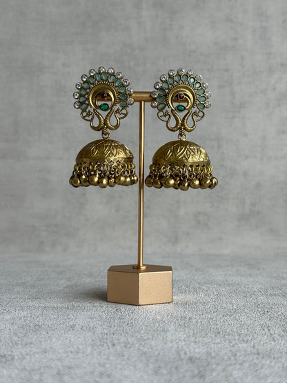 Ayura Designs Moraya Jhumkis – Mint Green Peacock Motif with Antique Gold Detailing