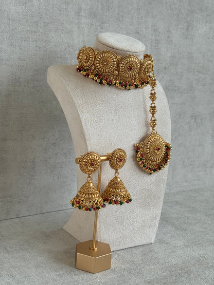 Ayura Designs Nooriya Choker Set with Jhumkis & Tikka – Antique Gold with Ruby, Emerald & Pearl Detailing