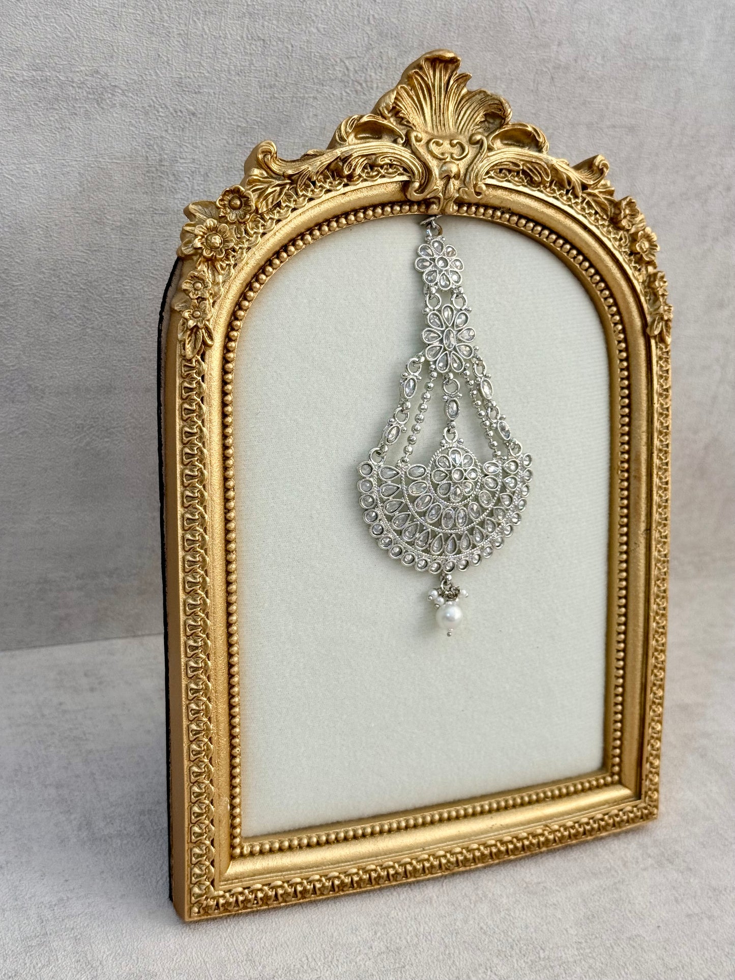 Ayura Designs Zeha Jhoomar Passa – Silver Finish with Mirror Cut Stones & Pearl Drop