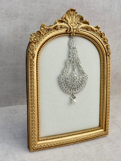 Ayura Designs Zeha Jhoomar Passa – Silver Finish with Mirror Cut Stones & Pearl Drop