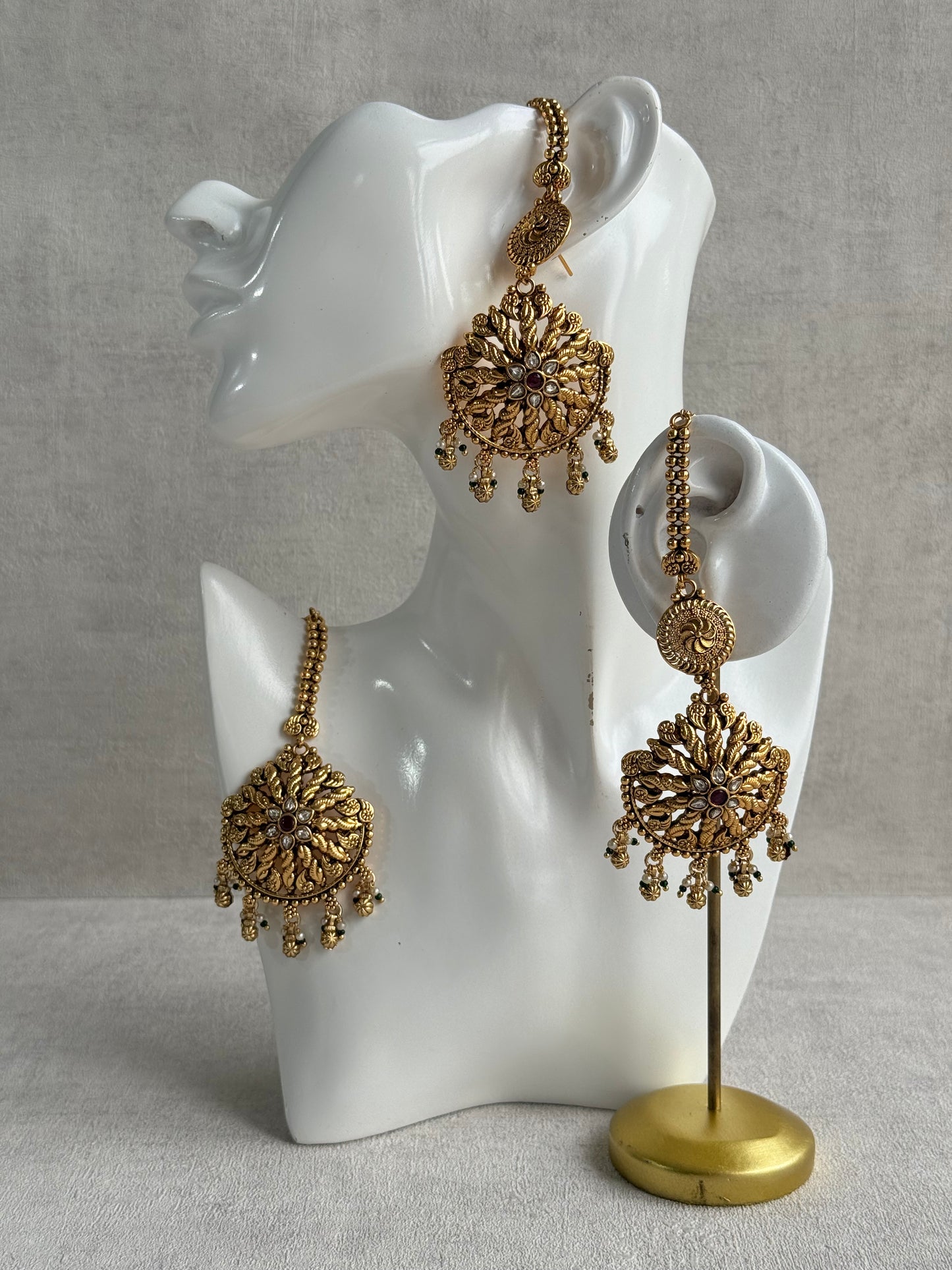 Ayura Designs Survi Tikka Set with Sahare Earrings – Antique Gold with Kundan, Pink Stones, Ivory & Green Beads