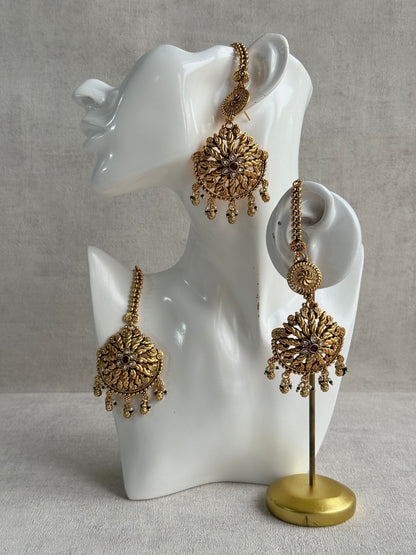 Ayura Designs Survi Tikka Set with Sahare Earrings – Antique Gold with Kundan, Pink Stones, Ivory & Green Beads