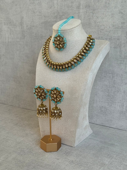 Ayura Designs Huma Set with Jhumkis & Tikka – Mirror-Cut Stones, Aqua Blue Beads & Pearl Detailing