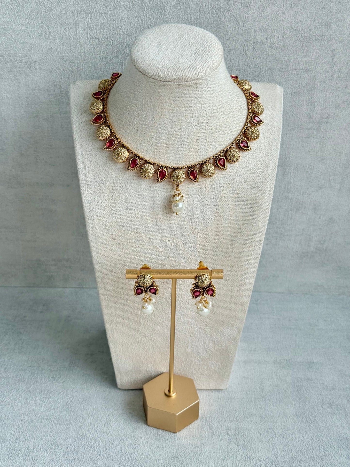 Ayura Designs Mayura Necklace Set with Earrings – Antique Gold Meenakari Motifs with Pearl Drop & Rani Pink Stones