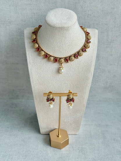Ayura Designs Mayura Necklace Set with Earrings – Antique Gold Meenakari Motifs with Pearl Drop & Rani Pink Stones