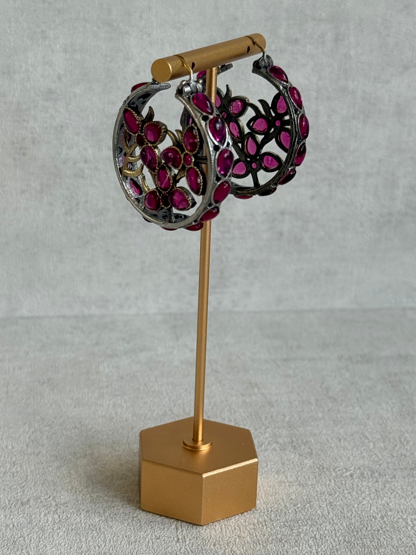 Ayura Designs Nureh Earrings – Dual Tone Floral Hoop Earrings with Ruby Pink Stones & Cutwork Detailing
