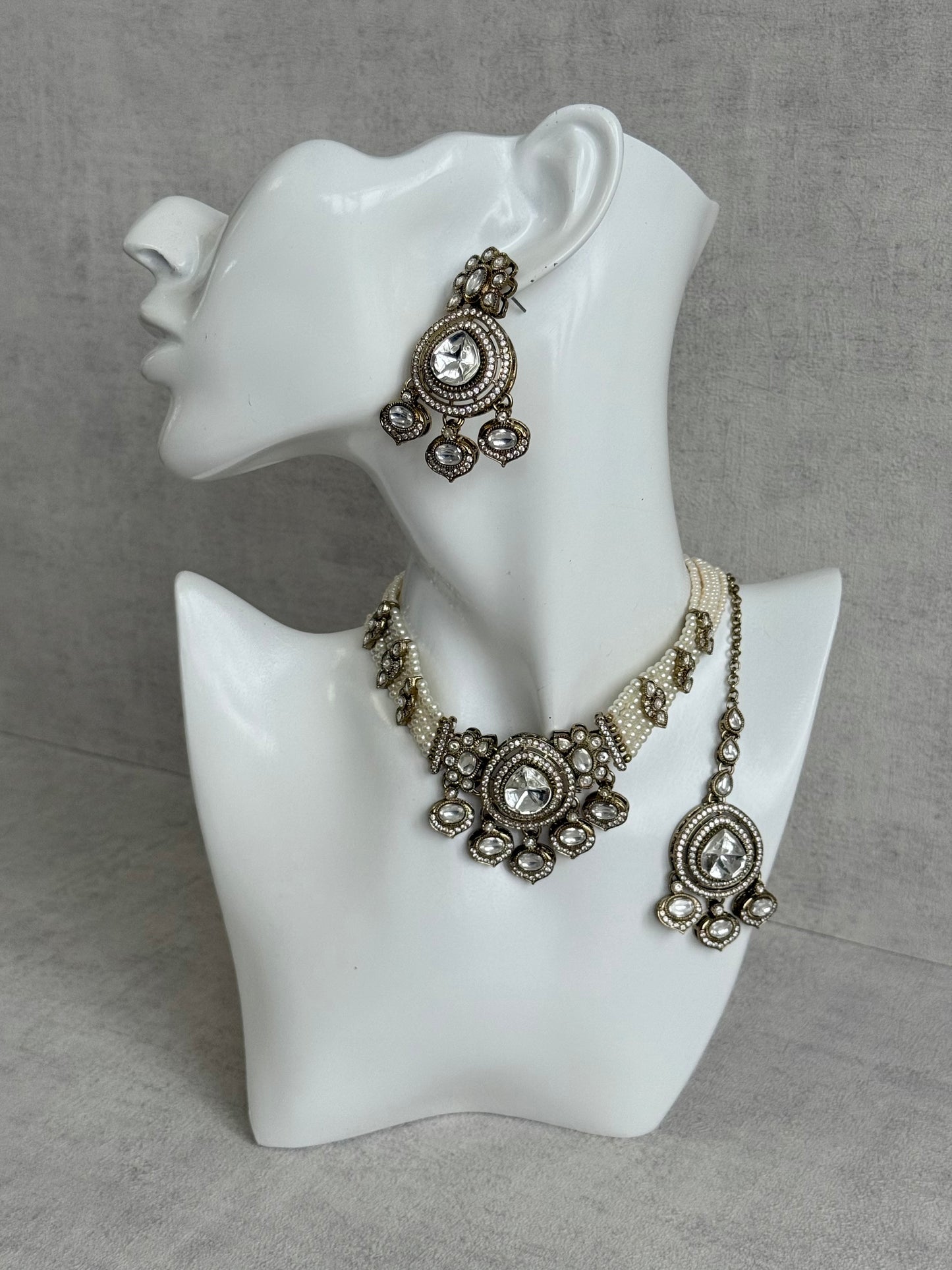 Ayura Designs Rahi Necklace Set with Earrings & Tikka – Ivory Pearl Stones with Mirror-Cut Detailing & Pearl Strands