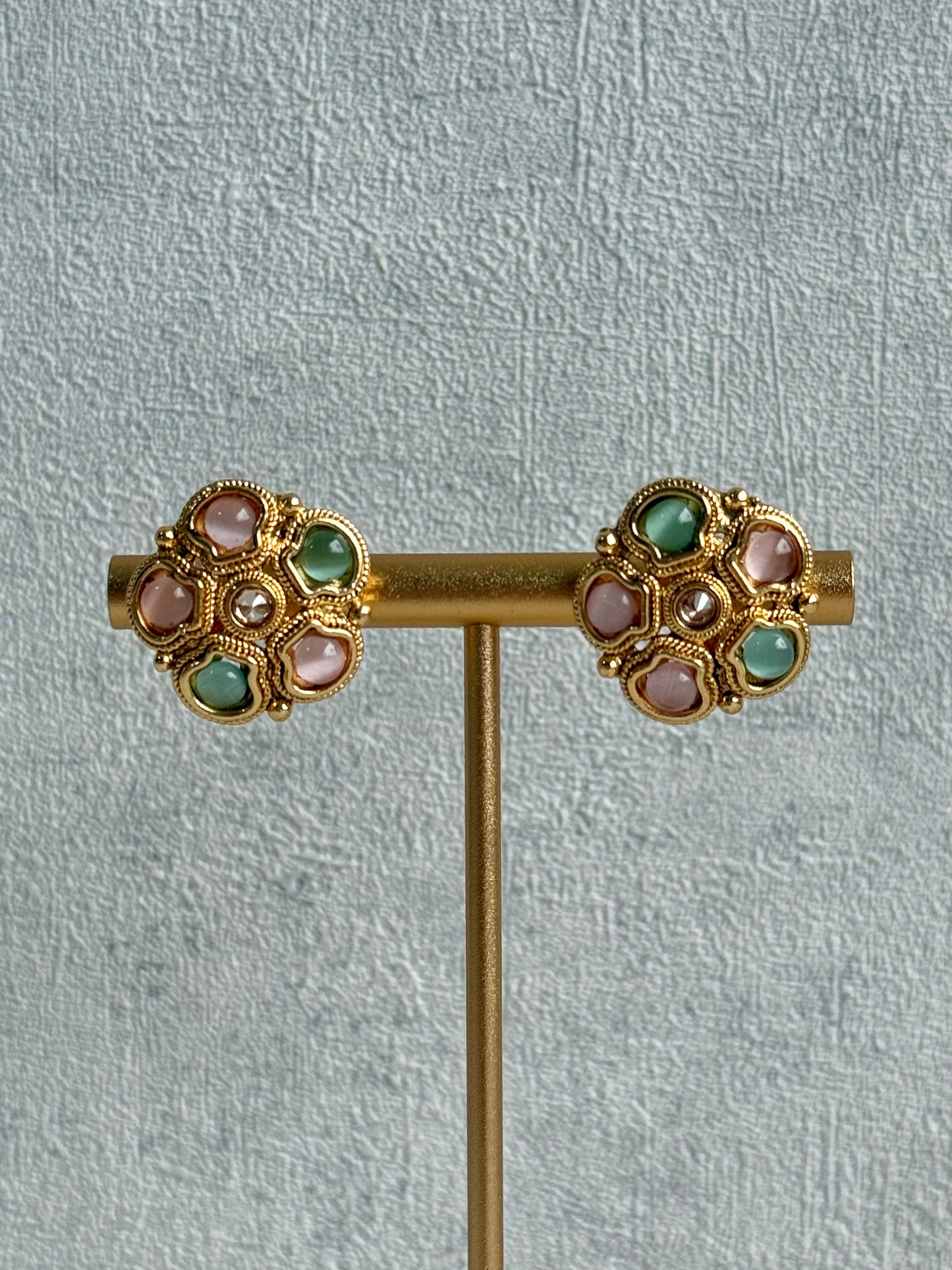 Ayura Designs Amala Set with Necklace, Studs & Tikka – Blush Pink & Pistachio Green Stones, Antique Gold Finish