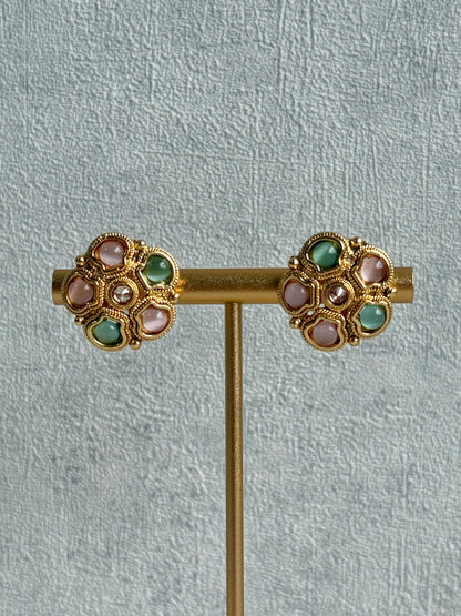 Ayura Designs Amala Set with Necklace, Studs & Tikka – Blush Pink & Pistachio Green Stones, Antique Gold Finish