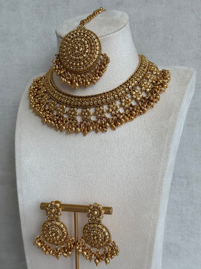 Ayura Designs Darya Necklace Set with Earrings & Tikka – Floral Antique Gold Statement Set with Ghungroo Detailing