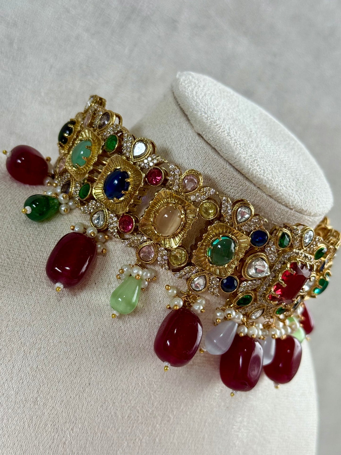 Ayura Designs Hazel Choker Set with Earrings – Multicolour Crystals & Ruby Drop Beads