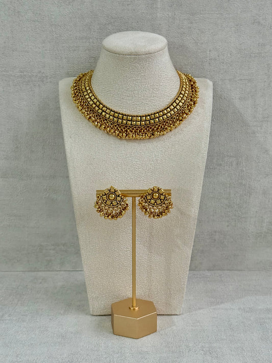 Ayura Designs Ranya Set – Antique Gold Necklace with Stud Earrings & Ghungroo Detailing