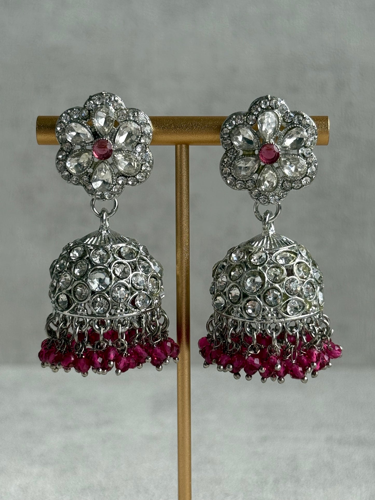 Ayura Designs Zarghuna Set with Jhumkis & Tikka – Fuchsia Beads, Mirror-Cut Stones & Silver Finish