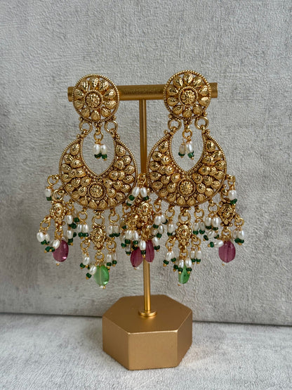 Ayura Designs Rummy Set – Opulent Gold Adornment with Radiant Pink, Green & White Beads | Includes Earrings & Tikka