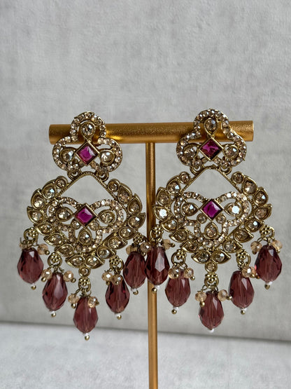 Ayura Designs Alveena Set – Majestic Gold-Tone Choker, Opulent Chandelier Earrings & Tikka, Lavishly Adorned with Radiant Wine-Tinted Crystals