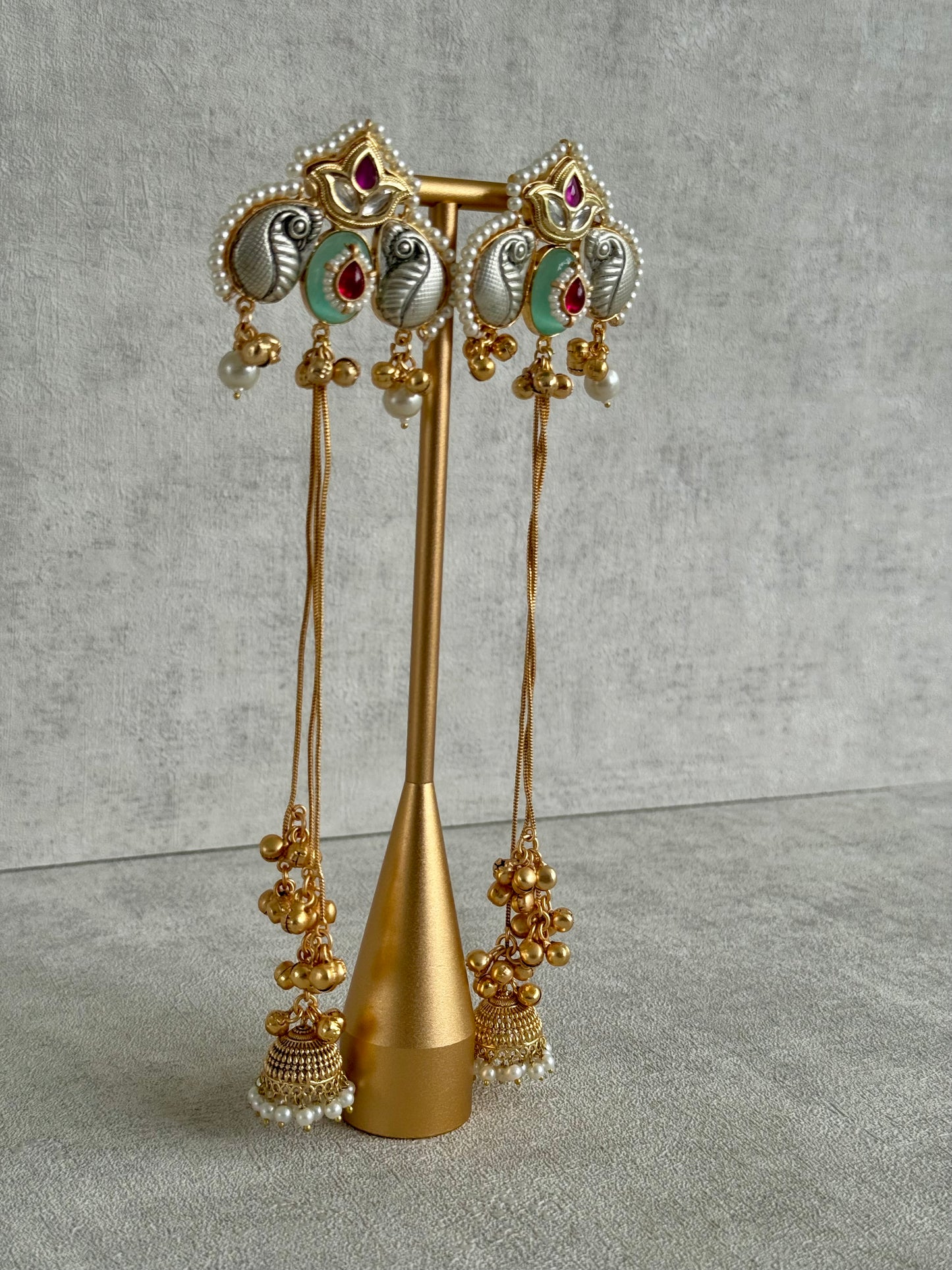 Ayura Designs Sozni Kashmiri Earrings – Kashmiri-Inspired Meenakari with Pistachio Green & Ruby Detailing