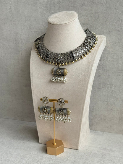 Ayura Designs Taal Necklace Set with Earrings & Tikka – Dual Tone Oxidised Mesh Necklace with Barrel Motifs & Pearl Detailing