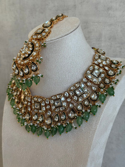 Ayura Designs Ishrat Set with Necklace, Earrings & Tikka – Kundan Detailing, Pearl Drops & Sage Green Beads