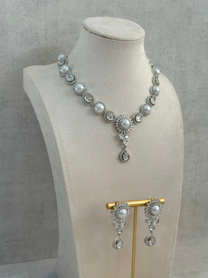 Ayura Designs Tilly Set with Necklace & Earrings – Pearl Centre with Crystal Halo Detailing in Silver Finish
