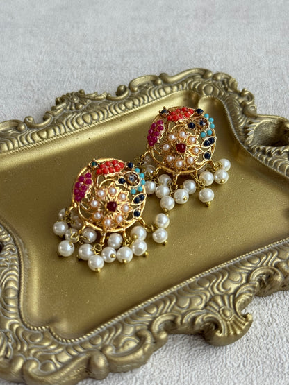 Ayura Designs Rasya Stud Earrings – Multicolour Stones with Pearl Drops & Gold Detailing