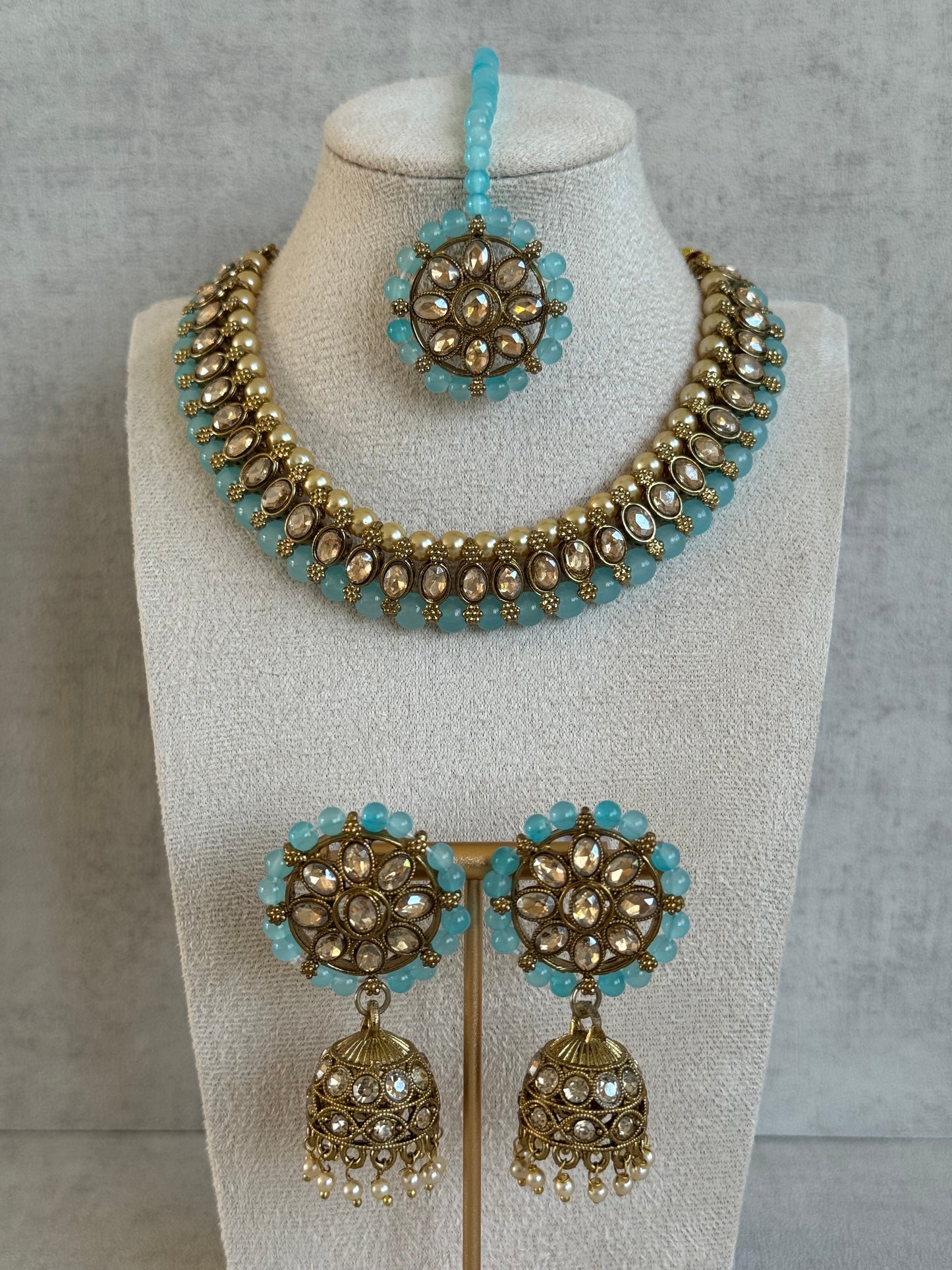 Ayura Designs Huma Set with Jhumkis & Tikka – Mirror-Cut Stones, Aqua Blue Beads & Pearl Detailing