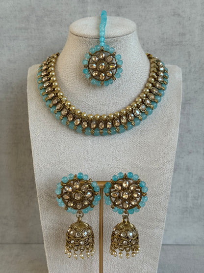 Ayura Designs Huma Set with Jhumkis & Tikka – Mirror-Cut Stones, Aqua Blue Beads & Pearl Detailing