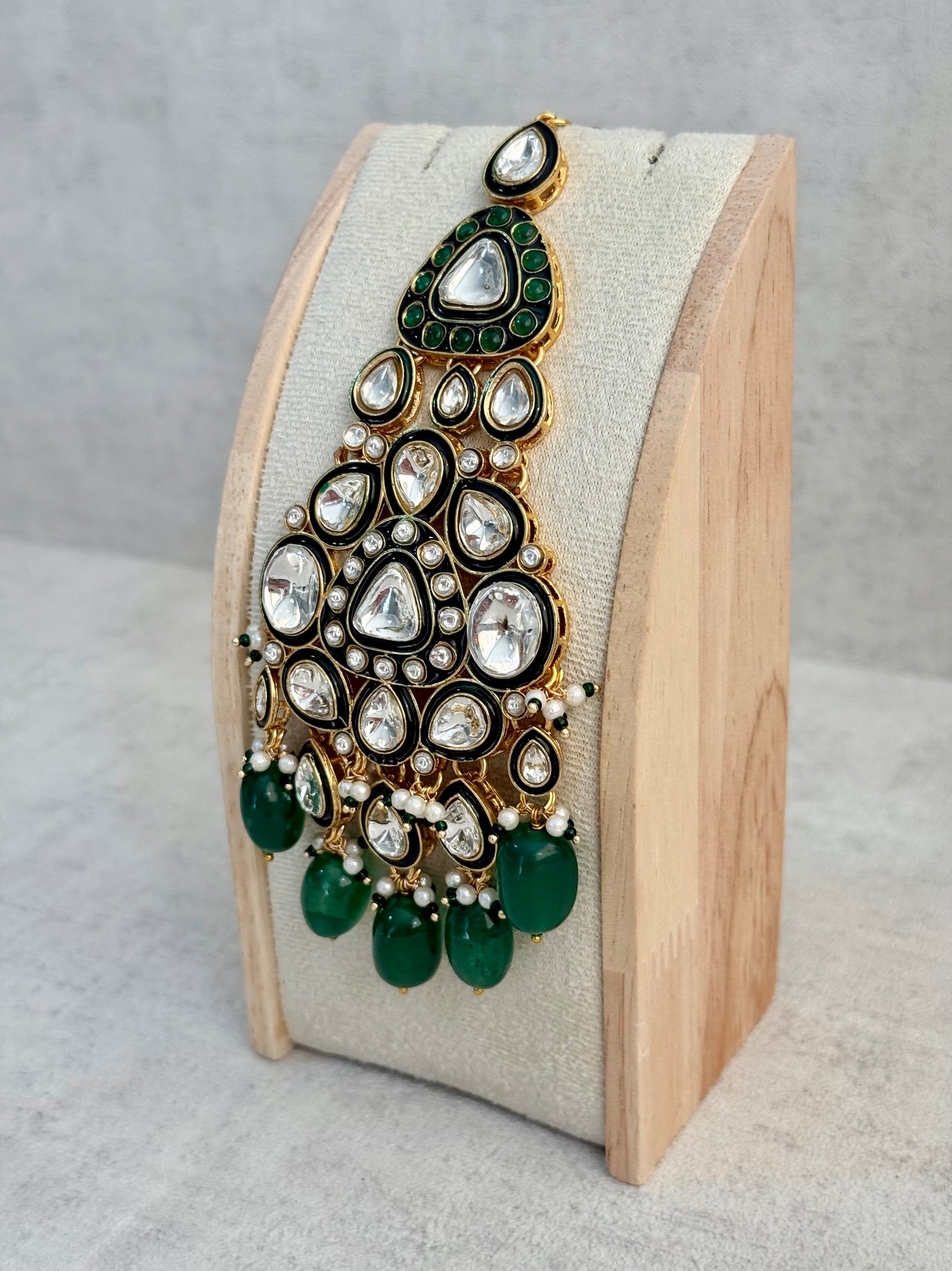 Ayura Designs Salma Jhoomar Passa – Emerald Green Drops with Kundan Stones & Antique Gold Finish