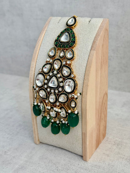 Ayura Designs Salma Jhoomar Passa – Emerald Green Drops with Kundan Stones & Antique Gold Finish