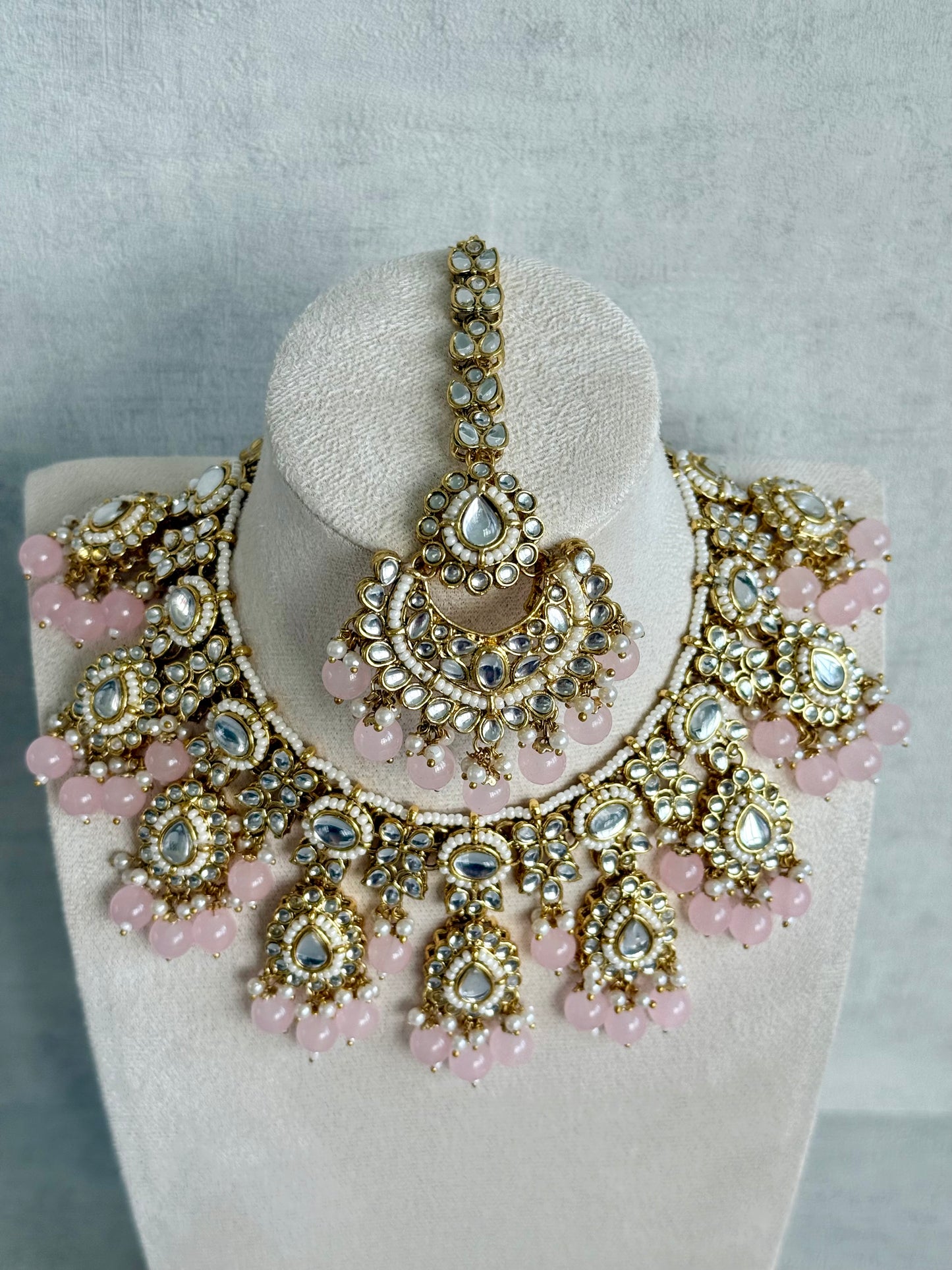 Ayura Designs Iyla Set with Necklace, Earrings & Tikka – Kundan Detailing, Ivory Pearl Drops & Blush Pink Beads