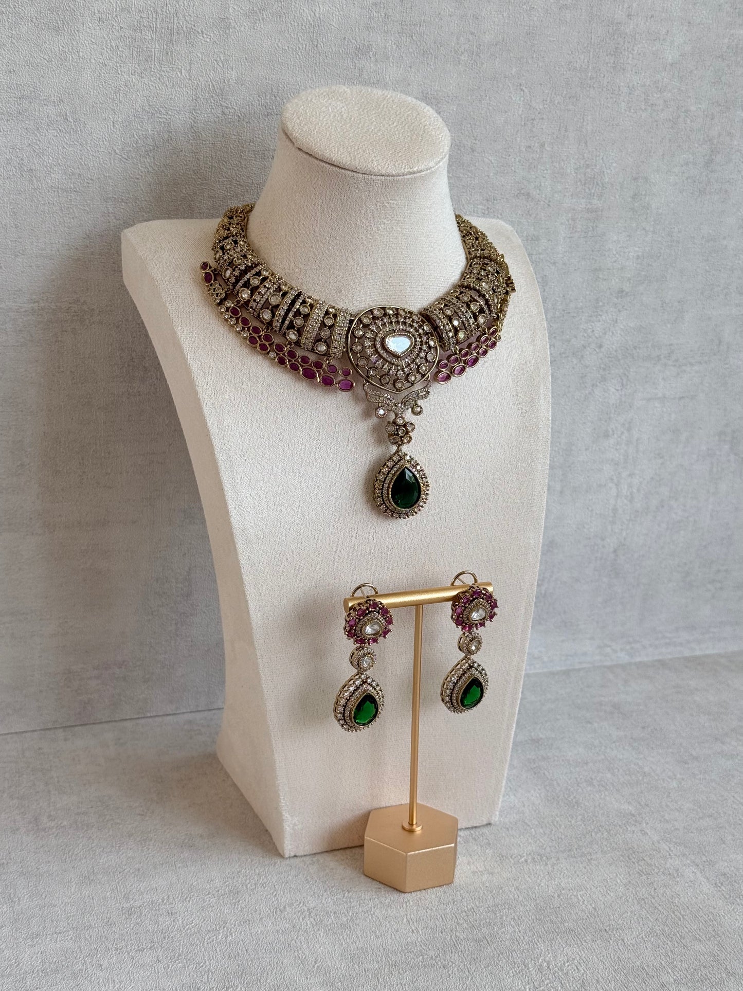 Ayura Designs Ahana Necklace Set with Earrings – Emerald Green Teardrop Stones, Ruby Pink Accents & Moissanite Detailing