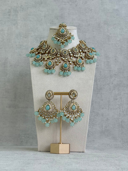 Ayura Designs Janvi Set with Necklace, Earrings & Tikka – Kundan Detailing, Aqua Blue Beads & Ivory Pearl Drops
