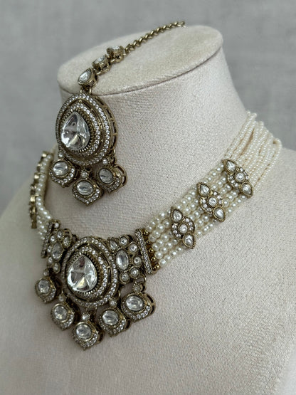 Ayura Designs Rahi Necklace Set with Earrings & Tikka – Ivory Pearl Stones with Mirror-Cut Detailing & Pearl Strands