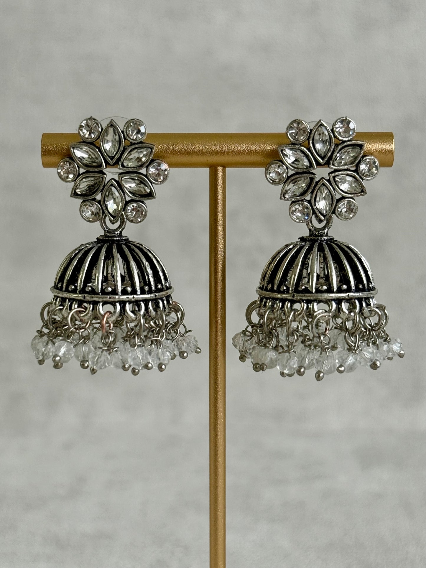 Ayura Designs Syra Jhumkis – Mirror-Cut Stone Tops, Crystal Drop Fringe & Oxidised Silver Finish