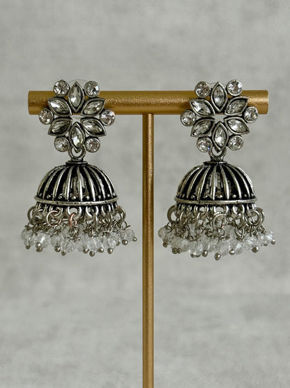 Ayura Designs Syra Jhumkis – Mirror-Cut Stone Tops, Crystal Drop Fringe & Oxidised Silver Finish