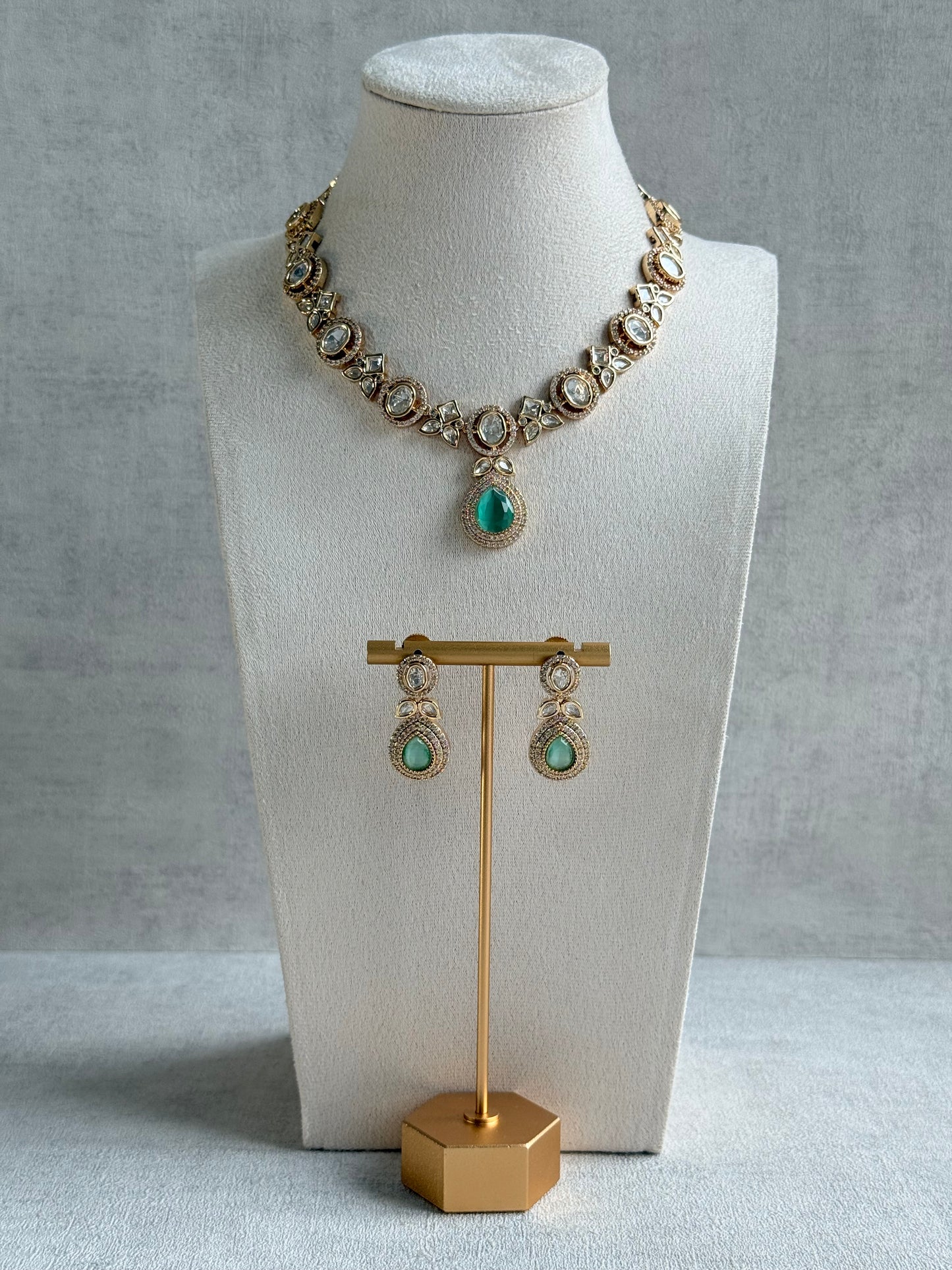 Ayura Designs Gazia Necklace Set with Earrings – Kundan, Mint Green Stones & Gold Finish