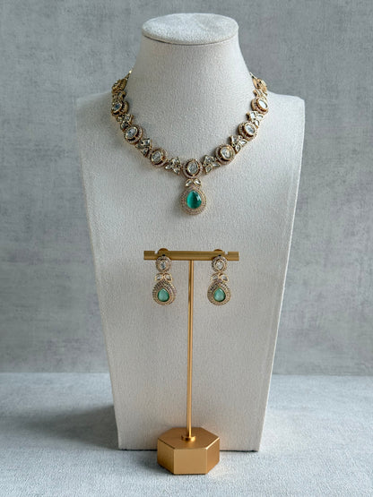 Ayura Designs Gazia Necklace Set with Earrings – Kundan, Mint Green Stones & Gold Finish
