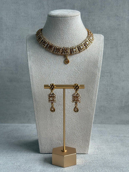 Ayura Designs Yashna Set – Necklace & Earrings with Champagne Kundan and Pearl Detailing in Antique Gold Finish