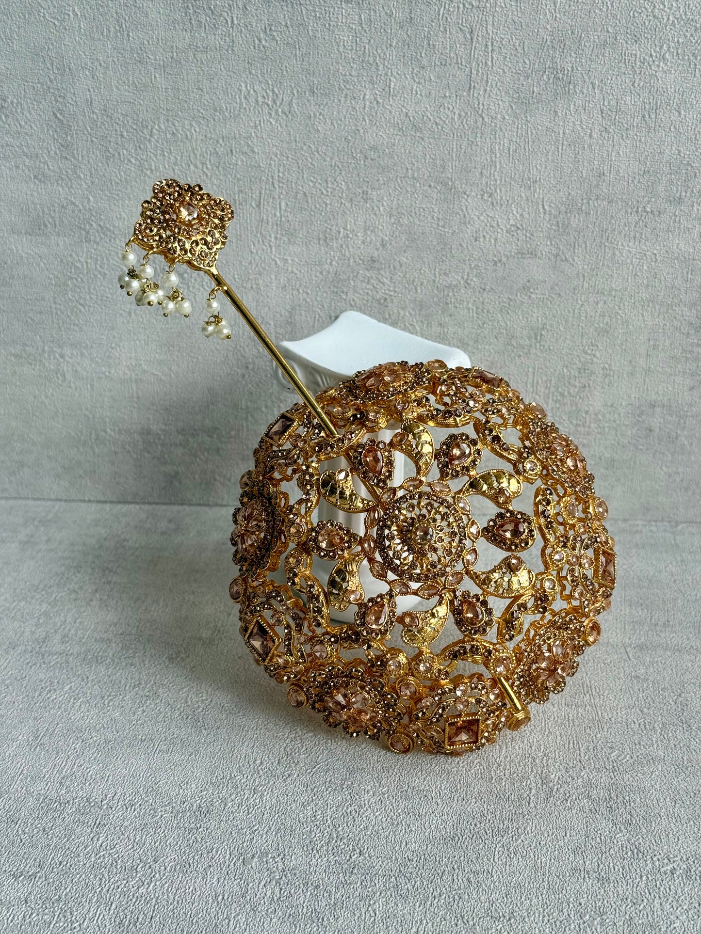 Ayura Designs Lotus Hair Bun Cover – Antique Gold with Champagne Stones & Floral Detailing