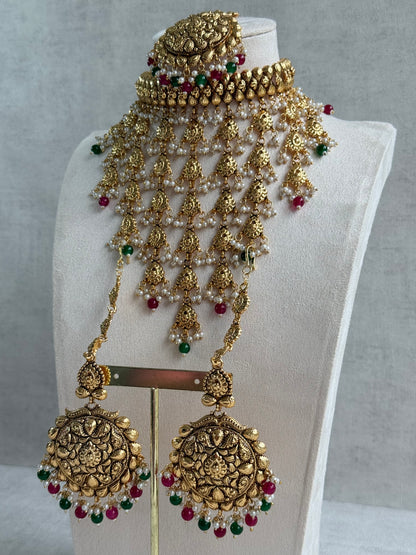 Ayura Designs Karima Choker Set with Sahare Earrings & Tikka – Waterfall Design, Rani Pink & Green Beads, Pearls & Antique Gold Finish