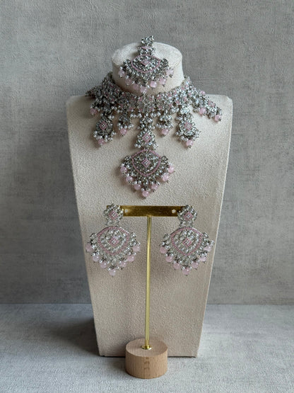 Ayura Designs Kanika Set – Necklace, Earrings & Tikka with Blush Pink Beads, Mirror-Cut Stones & Silver Finish