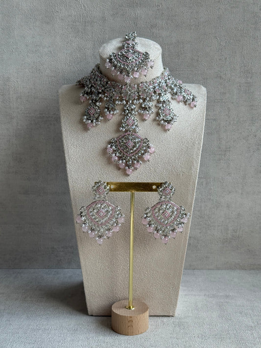 Ayura Designs Kanika Set – Necklace, Earrings & Tikka with Blush Pink Beads, Mirror-Cut Stones & Silver Finish