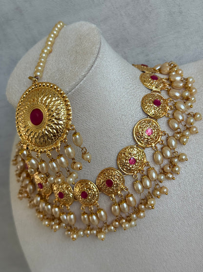 Ayura Designs Jyoti Set with Earrings & Tikka – Gold Disc Necklace with Ruby Pink & Pearl Detailing