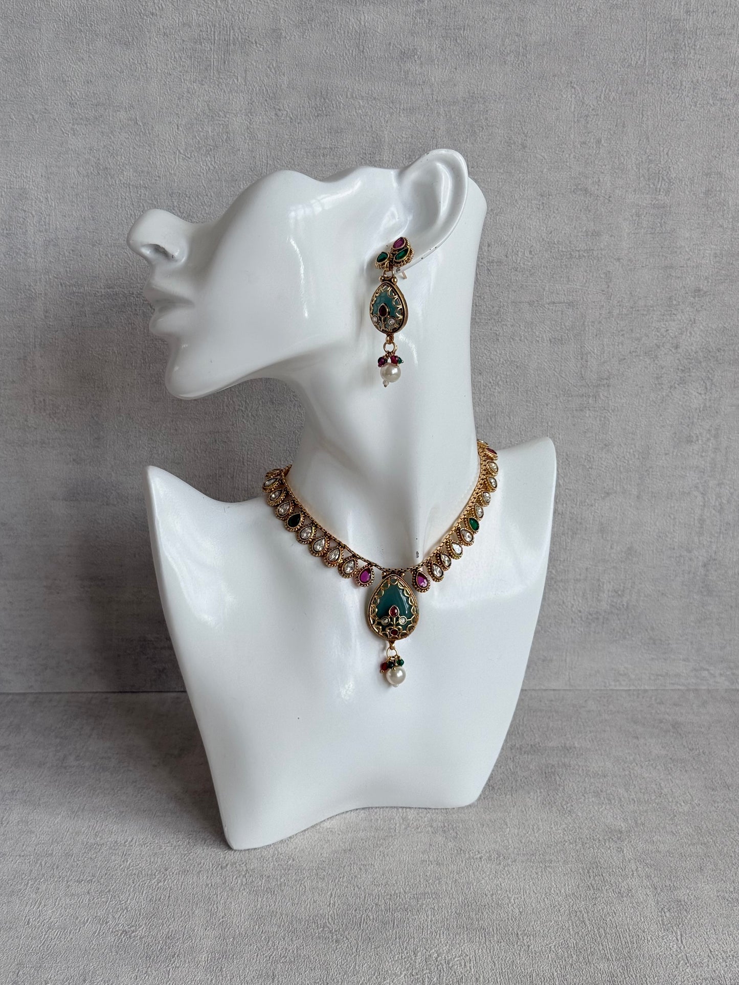 Ayura Designs Lamees Necklace Set with Earrings – Green Enamel, Emerald Green & Ruby Pink Stones with Pearl Drops