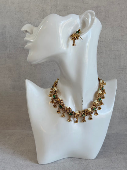 Ayura Designs Ruva Necklace Set with Earrings – Gold Finish, Emerald Green Stones, Ivory Detailing & Elephant Motifs