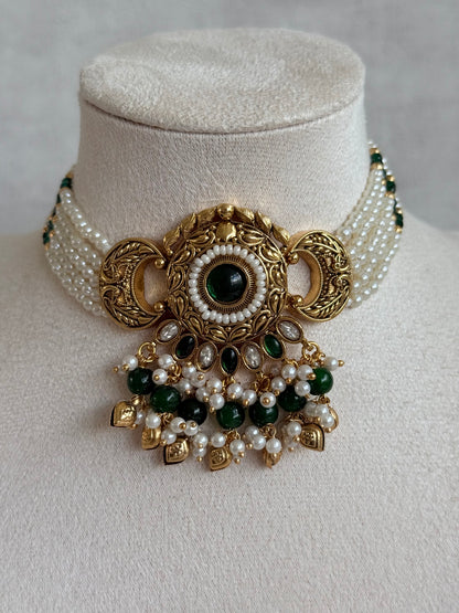 Ayura Designs Mehr Choker Set with Earrings & Tikka – Emerald Green Stones, Pearl Beads, Pearl Strands & Antique Gold Finish