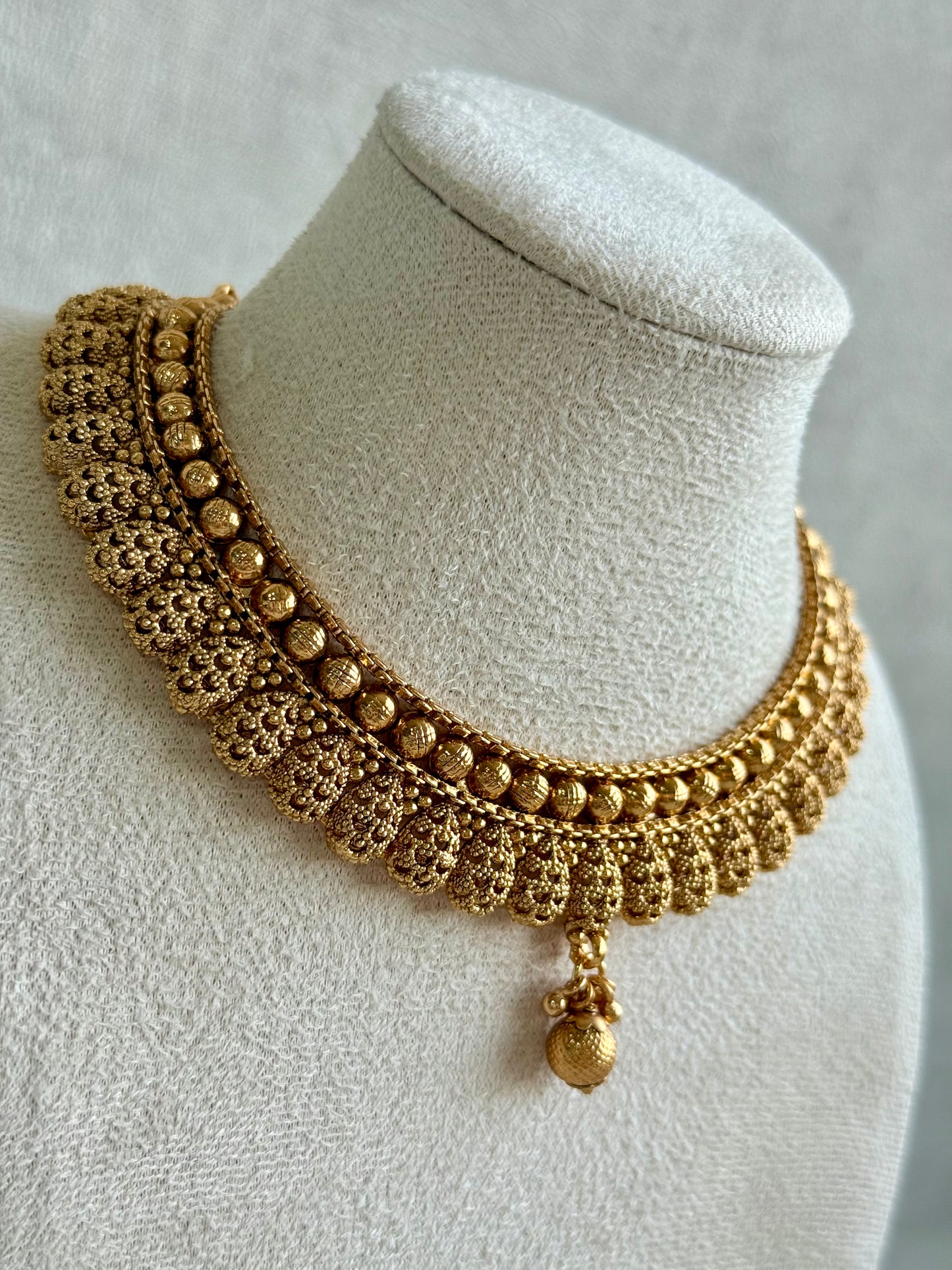 Ayura Designs Chirag Necklace Set with Earrings – Matte Gold Textured Dome Drops