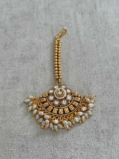 Ayura Designs Zuri Set with Tikka and Jhumkis - Antique Gold, Pearls and Kundan Work